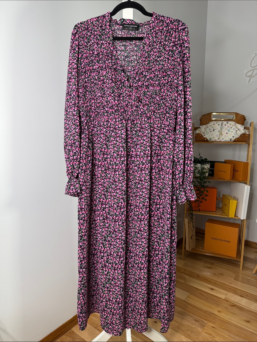 Women's Pink Floral V-Neck Long Sleeve Maxi Dress
